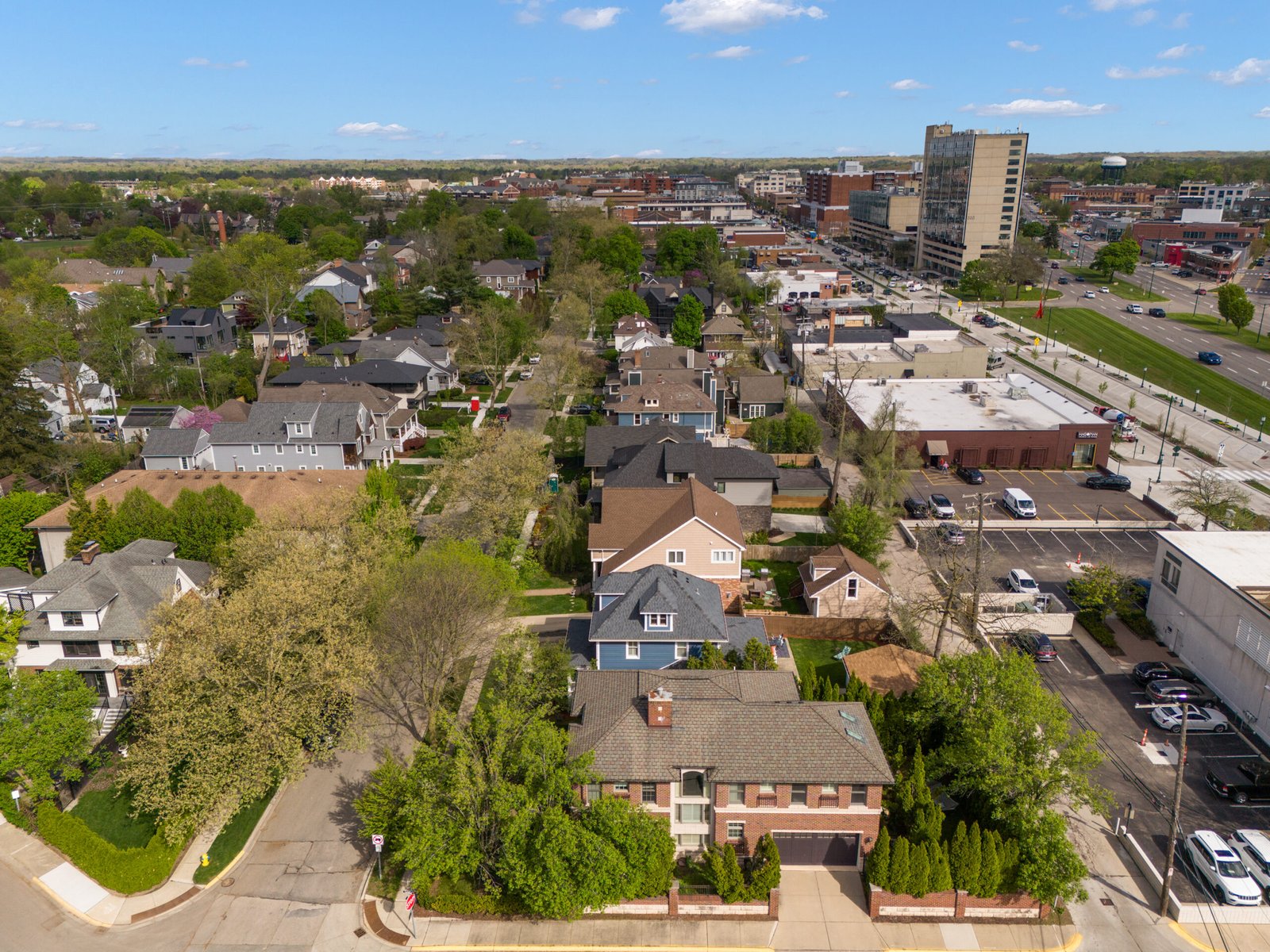 a drone photo of Ann Street in Birmingham, Michigan looking north into downtown Birmingham